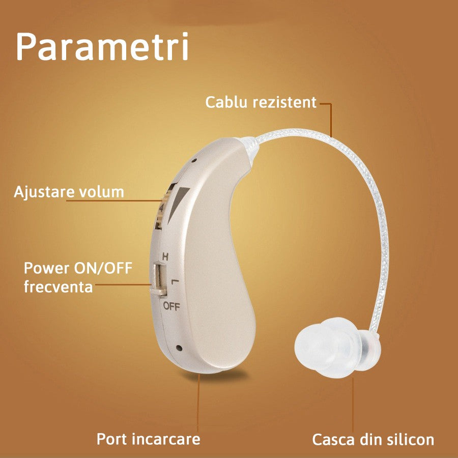 Aparat auditiv retroauricular BTE Reincarcabil, Flippy, Set 2 bucati Stinga Dreapta, Standard European, Aparat auditiv Cu incarcator, Aparat pentru Auz, 12 x 8.5 x 4 cm, 89 g, Auriu