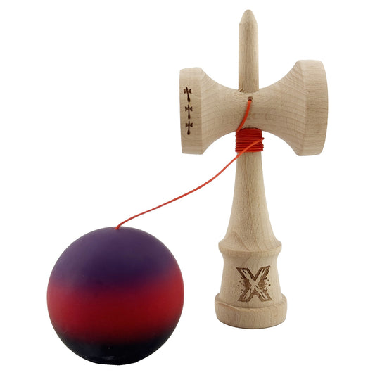 Kendama X Originala, Profesionala, Big Cups V2, Rubber Grip cu Cupe Mari, Rulment Metalic cu Ata 55 cm, Mov/Rosu/Negru
