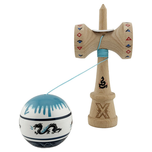 Kendama X Originala, Profesionala, DRAGON Series, Super Sticky cu Cupe Mari King Size V3, Rulment Metalic si Gaura in Baza, din Lemn 18 cm, Ata 62/65 cm, Albastru/Negru