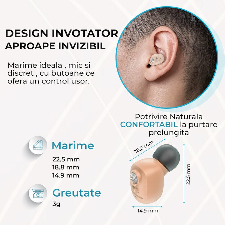 Aparat Auditiv Intraauricular In-Ear, Flippy, Amplificator de sunet pentru Auz, Minuscul Design Nou, 14 x 10 x 3.8 cm, 116 gr, Camel