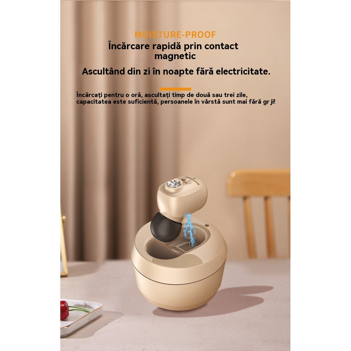 Aparat Auditiv Intraauricular In-Ear, Flippy, Amplificator de sunet pentru Auz, Minuscul Design Nou, 14 x 10 x 3.8 cm, 116 gr, Camel