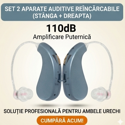Set 2 Aparate Auditive Profesionale Reîncărcabile, Amplificare 110dB, Autonomie 48h, pentru Ambele Urechi