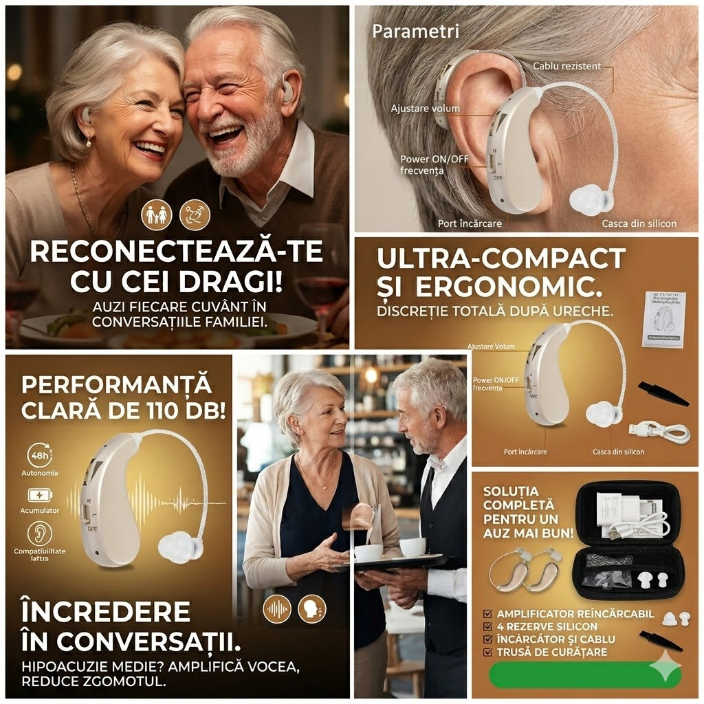 Set 2 Aparate Auditive Profesionale Reîncărcabile, Amplificare 110dB, Autonomie 48h, pentru Ambele Urechi