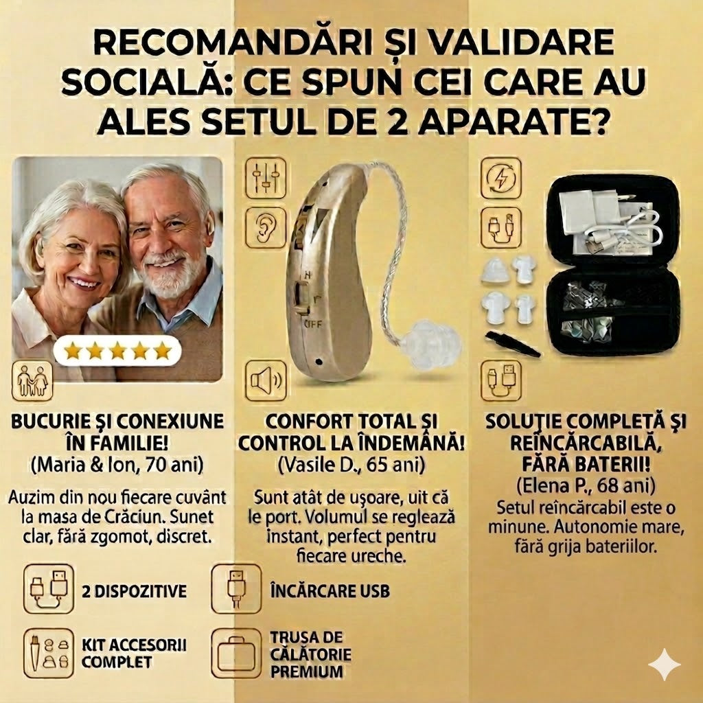 Set 2 Aparate Auditive Profesionale Reîncărcabile, Amplificare 110dB, Autonomie 48h, pentru Ambele Urechi
