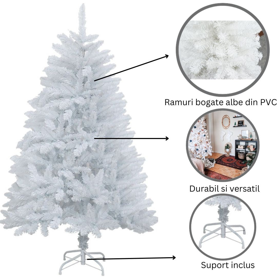 Brad  artificial , 210 cm, 800 ramuri/varfuri,cu suport , utilizat pentru interior/exterior, alb