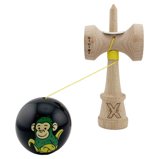 Kendama X Originala, Profesionala, Green Monkey, Super Sticky cu Cupe Mari King Size V3, Rulment Metalic si Gaura in Baza, din Lemn 18 cm, Ata 62/65 cm, Negru