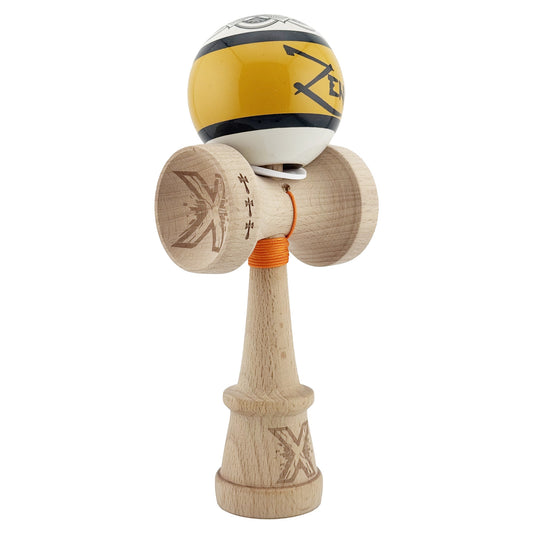 Kendama X Zen Series Originala, Profesionala, Cupe Mari KING SIZE V3, Super Sticky, Gaura in Baza, Rulment Metalic, din lemn 18 cm, Ata 62/65 cm, Auriu